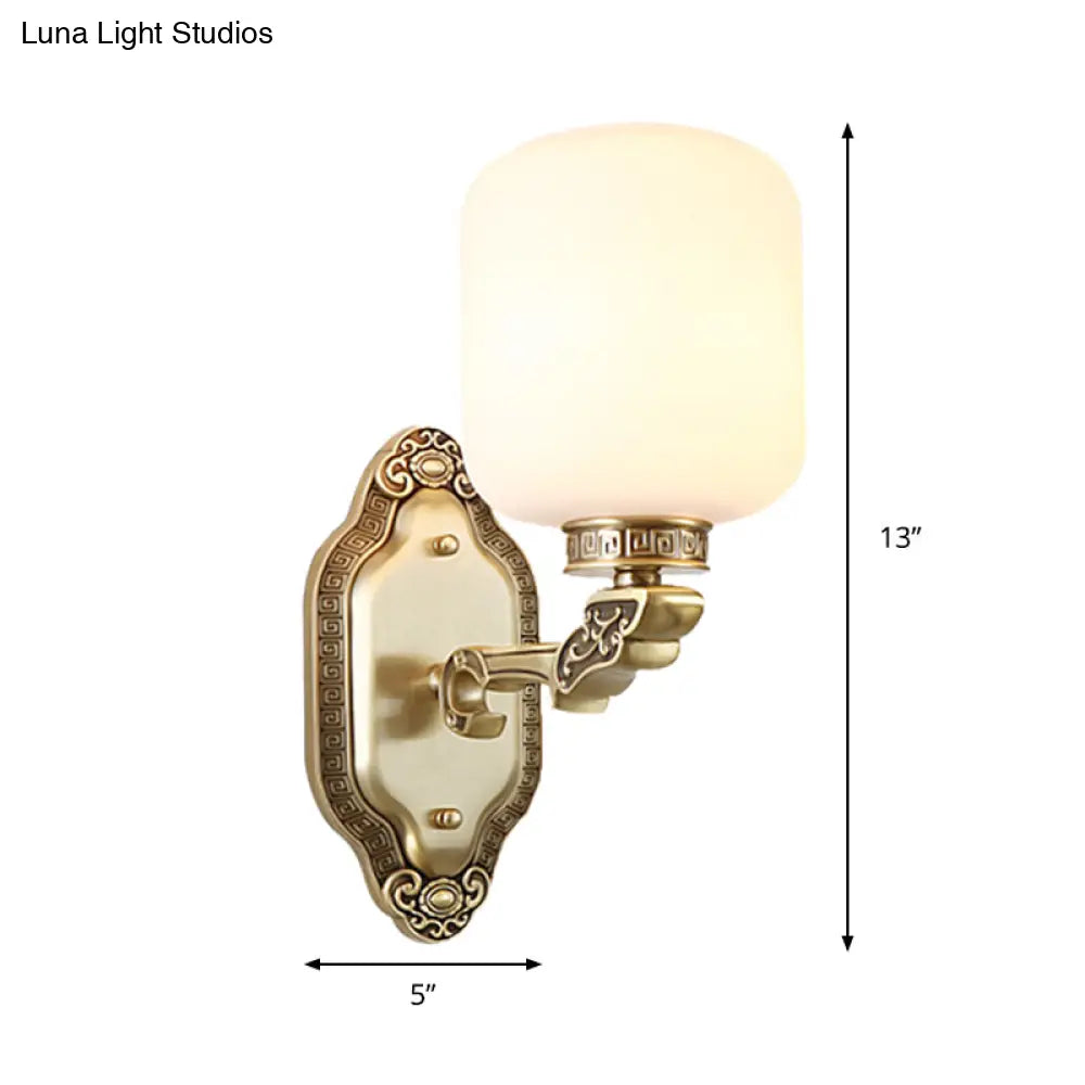 Modern White Glass Brass Wall Sconce - 1-Light Farmhouse Lamp For Drawing Room