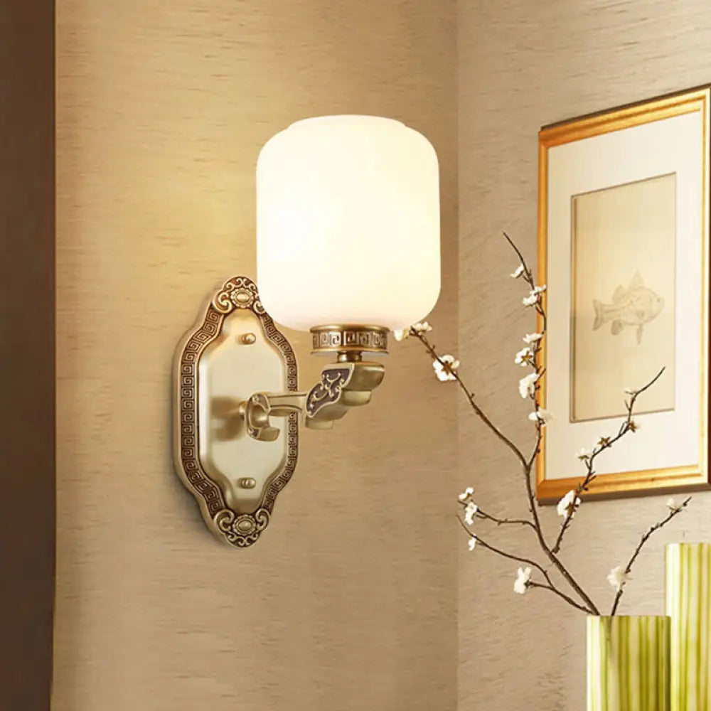 Modern White Glass Brass Wall Sconce - 1-Light Farmhouse Lamp For Drawing Room