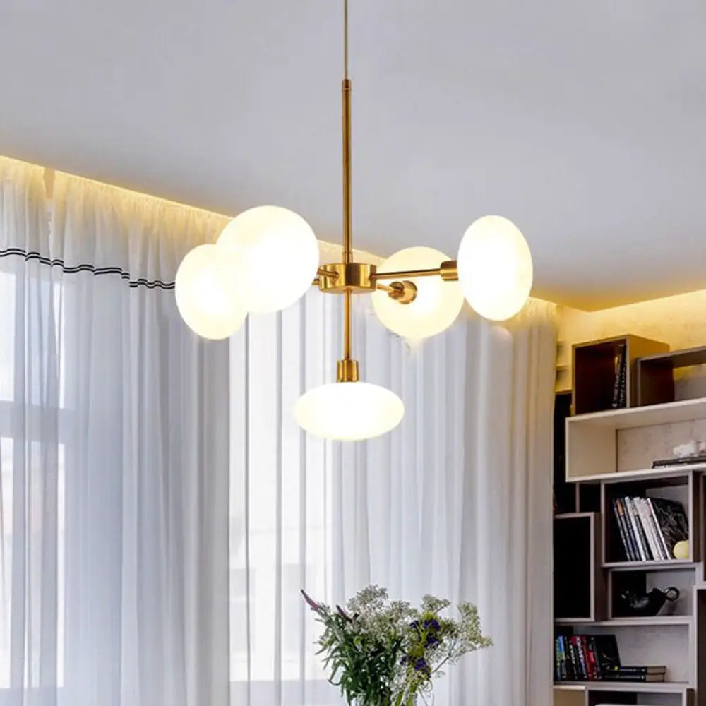 Modern White Glass Chandelier With Gold Accents - 5-Light Circular Ceiling Light