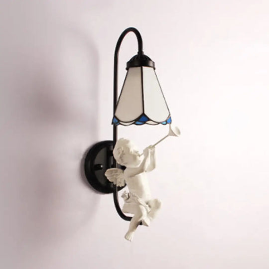 Modern White Glass Cone Sconce Light With Tiffany Design And Decorative Trumpet/Violin/Bird