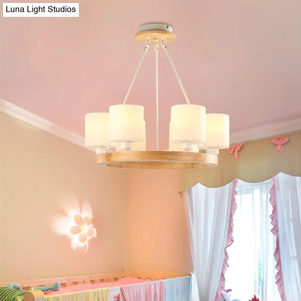 Modern White Glass Cylinder Chandelier Light With Wood Hanging Pendant And Ring Design - 4/6/8-Light