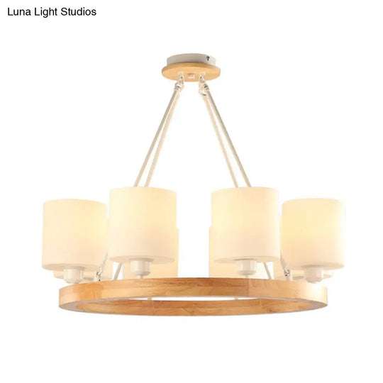 Modern White Glass Cylinder Chandelier Light With Wood Hanging Pendant And Ring Design - 4/6/8-Light