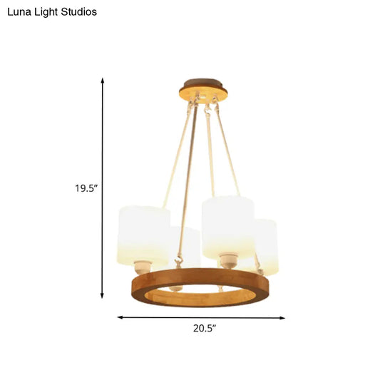 Modern White Glass Cylinder Chandelier Light With Wood Hanging Pendant And Ring Design - 4/6/8-Light