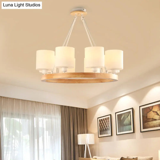 Modern White Glass Cylinder Chandelier Light With Wood Hanging Pendant And Ring Design - 4/6/8-Light