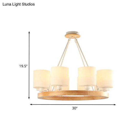 Modern White Glass Cylinder Chandelier Light With Wood Hanging Pendant And Ring Design - 4/6/8-Light