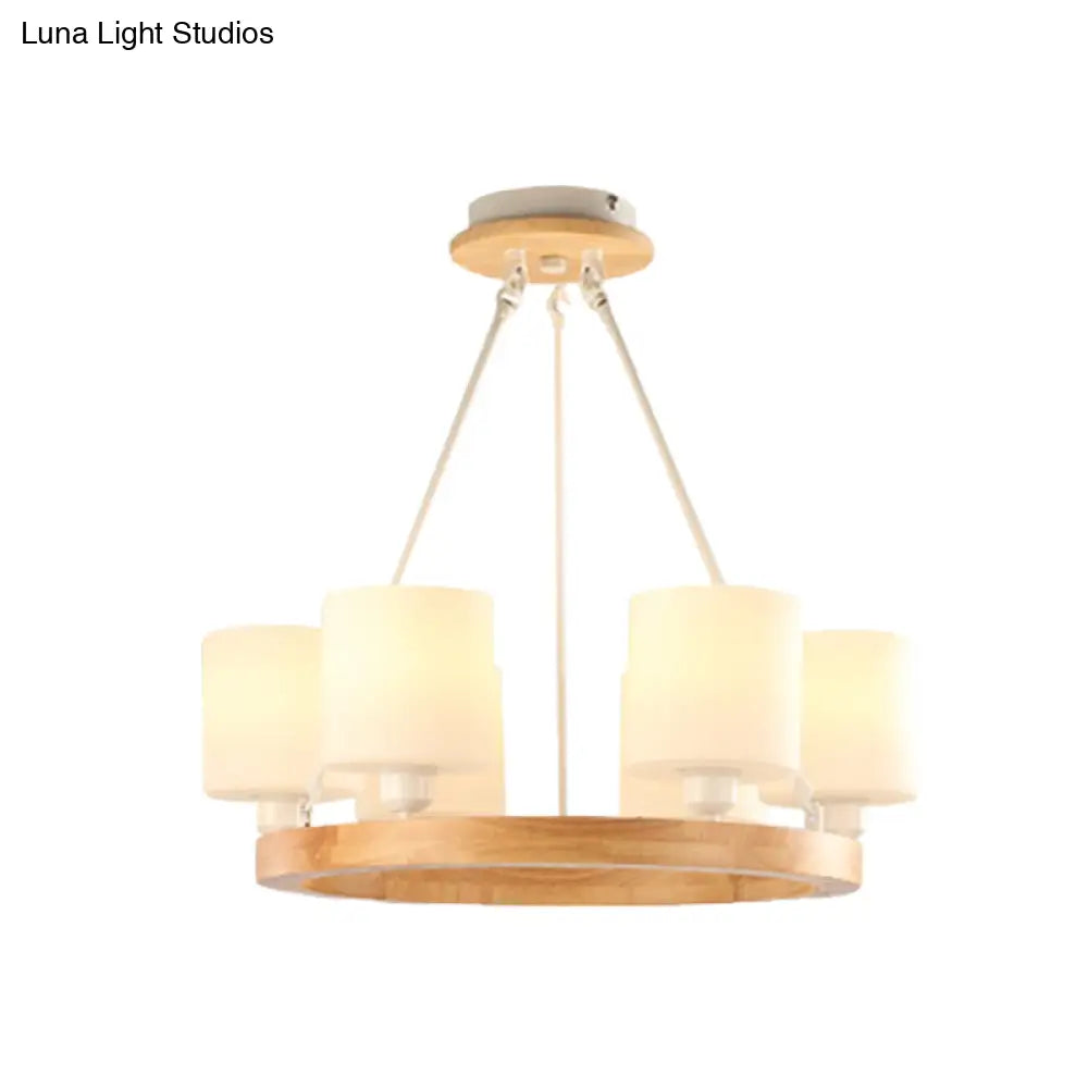 Modern White Glass Cylinder Chandelier Light With Wood Hanging Pendant And Ring Design - 4/6/8-Light