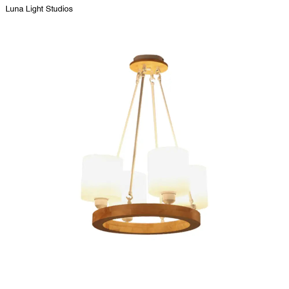 Modern White Glass Cylinder Chandelier Light With Wood Hanging Pendant And Ring Design - 4/6/8-Light