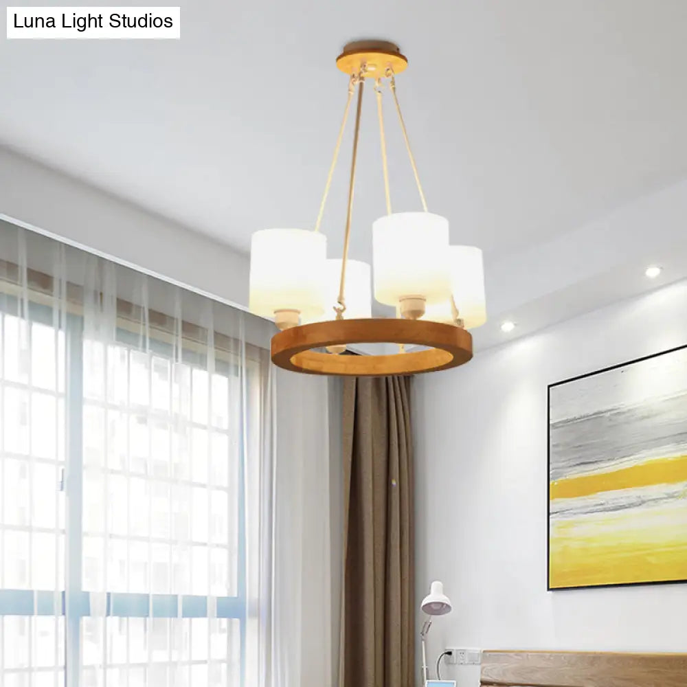 Modern White Glass Cylinder Chandelier Light With Wood Hanging Pendant And Ring Design - 4/6/8-Light