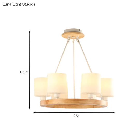 Modern White Glass Cylinder Chandelier Light With Wood Hanging Pendant And Ring Design - 4/6/8-Light