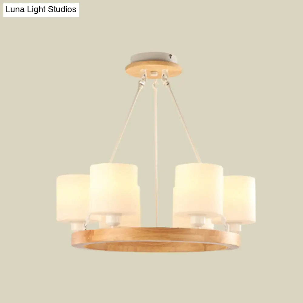 Modern White Glass Cylinder Chandelier Light With Wood Hanging Pendant And Ring Design - 4/6/8-Light