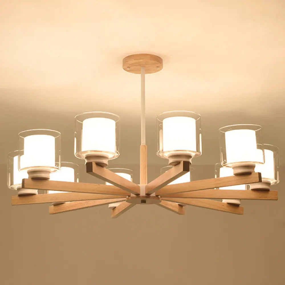 Modern White Glass Cylinder Chandelier - Stylish Suspension Light For Living Room Wooden Stand 10 /