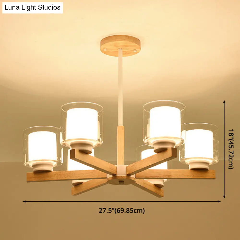 Modern White Glass Cylinder Chandelier - Stylish Suspension Light For Living Room Wooden Stand