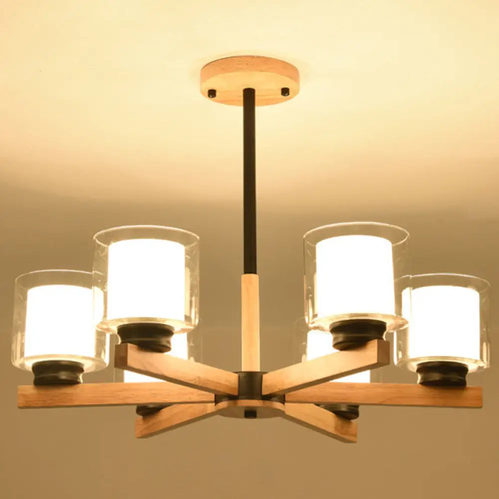 Modern White Glass Cylinder Chandelier - Stylish Suspension Light For Living Room Wooden Stand 6 /