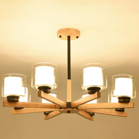 Modern White Glass Cylinder Chandelier - Stylish Suspension Light For Living Room Wooden Stand 8 /