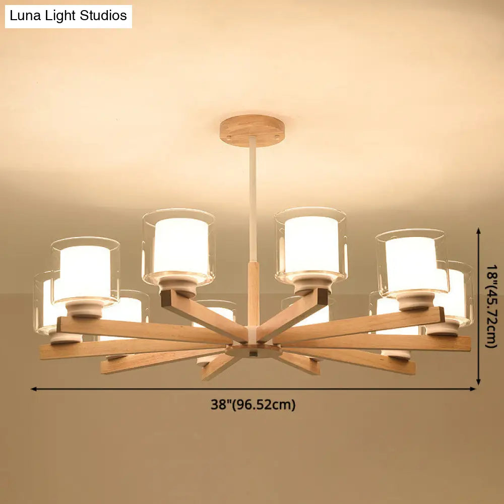 Modern White Glass Cylinder Chandelier - Stylish Suspension Light For Living Room Wooden Stand