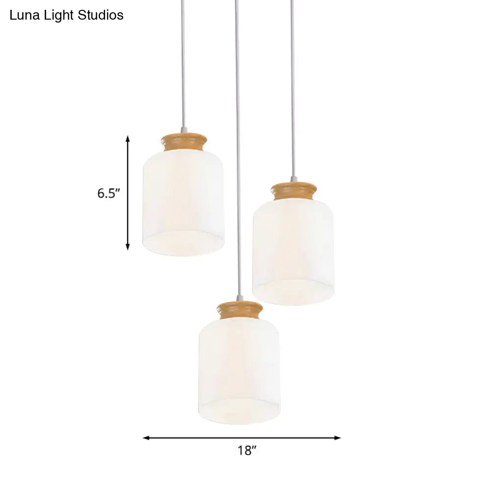 Modern White Glass Cylinder Chandelier With 3 Heads - Wood Suspension Lamp