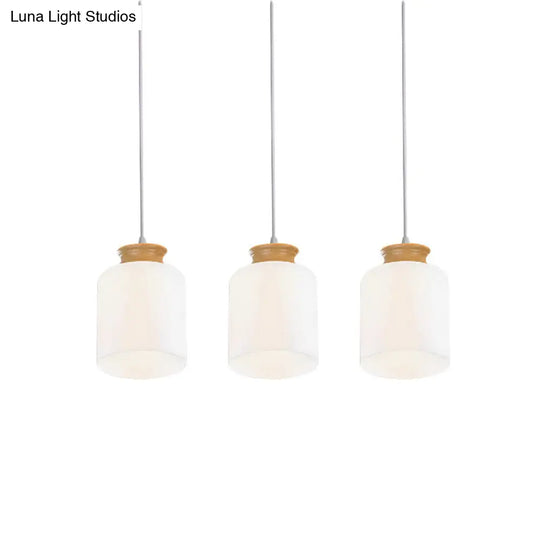 Modern White Glass Cylinder Chandelier With Wood Suspension Lamp - 3 Heads Round/Linear Canopy