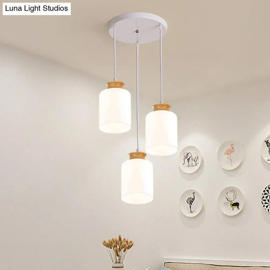 Modern White Glass Cylinder Chandelier With 3 Heads - Wood Suspension Lamp