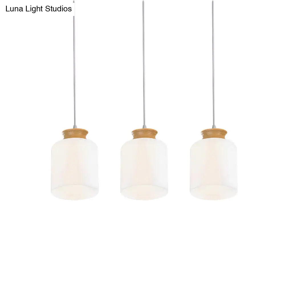 Modern White Glass Cylinder Chandelier With 3 Heads - Wood Suspension Lamp