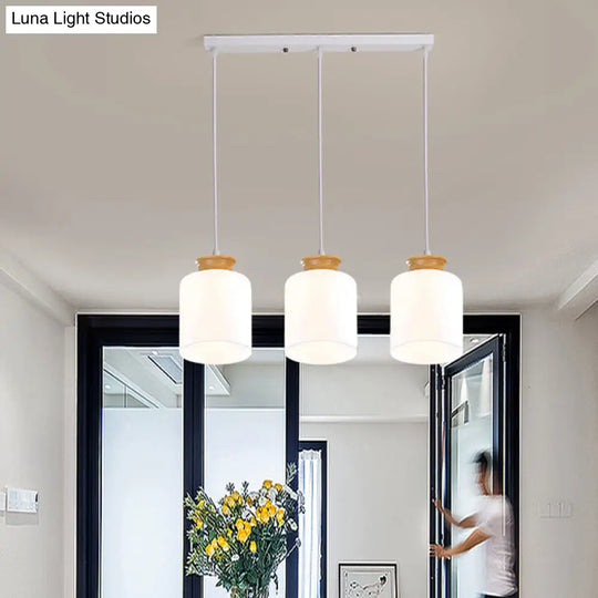 Modern White Glass Cylinder Chandelier With Wood Suspension Lamp - 3 Heads Round/Linear Canopy