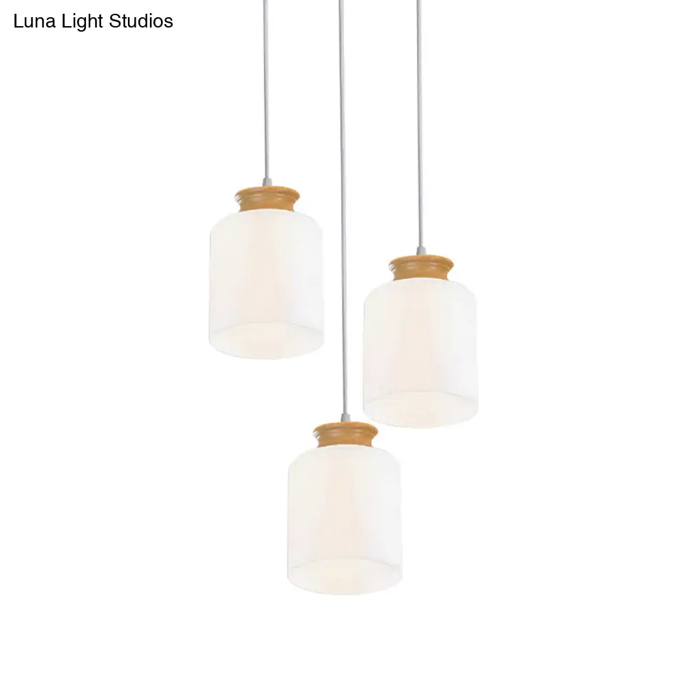 Modern White Glass Cylinder Chandelier With 3 Heads - Wood Suspension Lamp