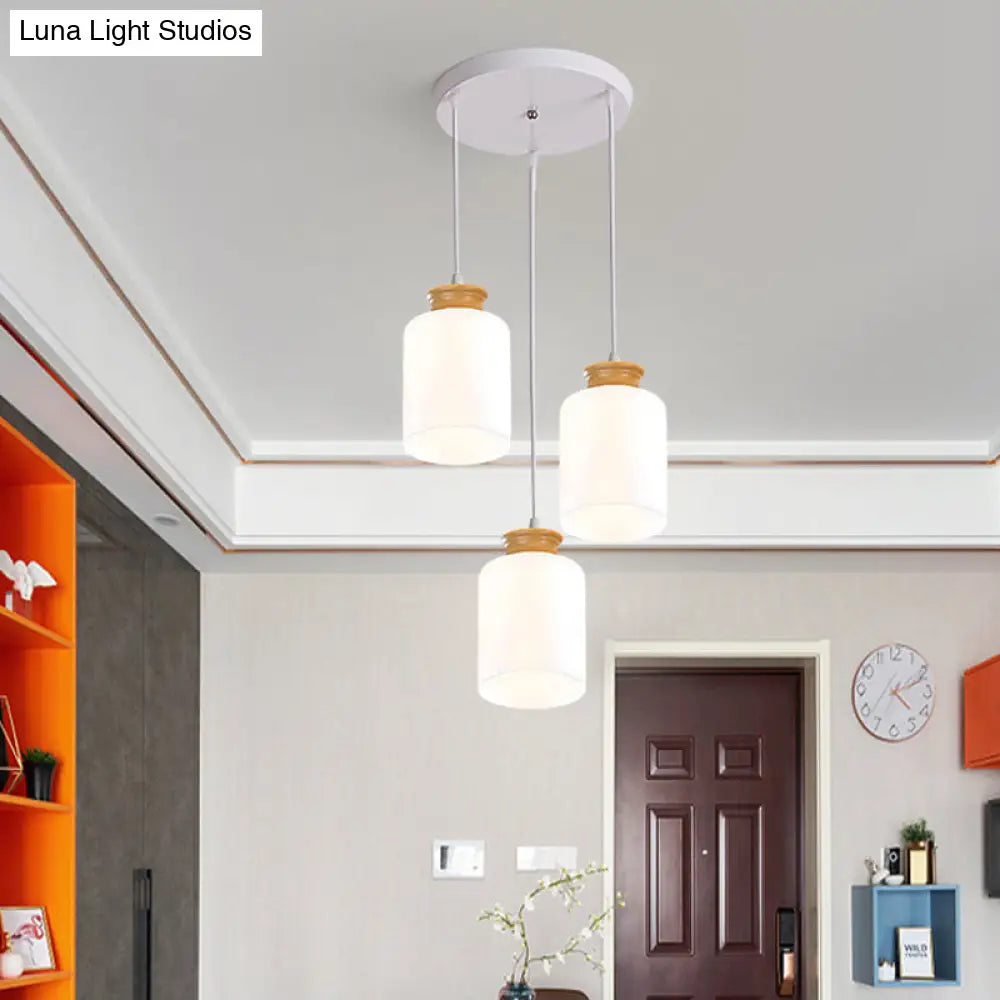 Modern White Glass Cylinder Chandelier With Wood Suspension Lamp - 3 Heads Round/Linear Canopy