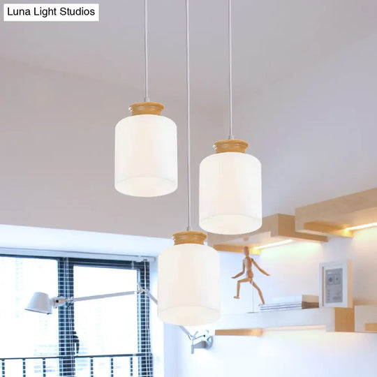 Modern White Glass Cylinder Chandelier With Wood Suspension Lamp - 3 Heads Round/Linear Canopy /