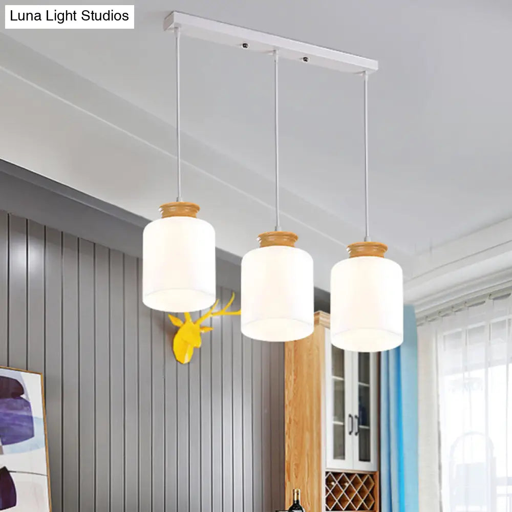 Modern White Glass Cylinder Chandelier With Wood Suspension Lamp - 3 Heads Round/Linear Canopy /