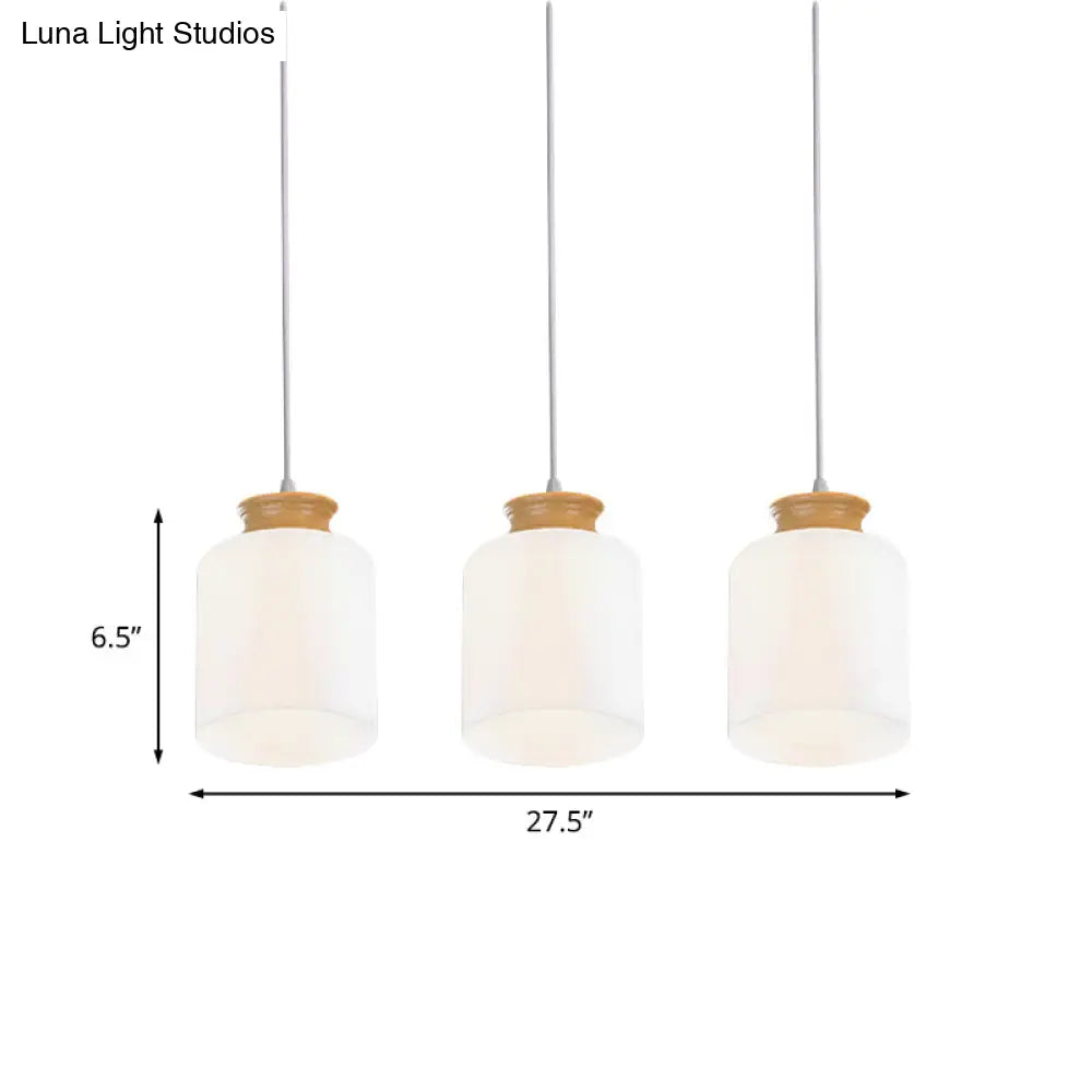 Modern White Glass Cylinder Chandelier With 3 Heads - Wood Suspension Lamp