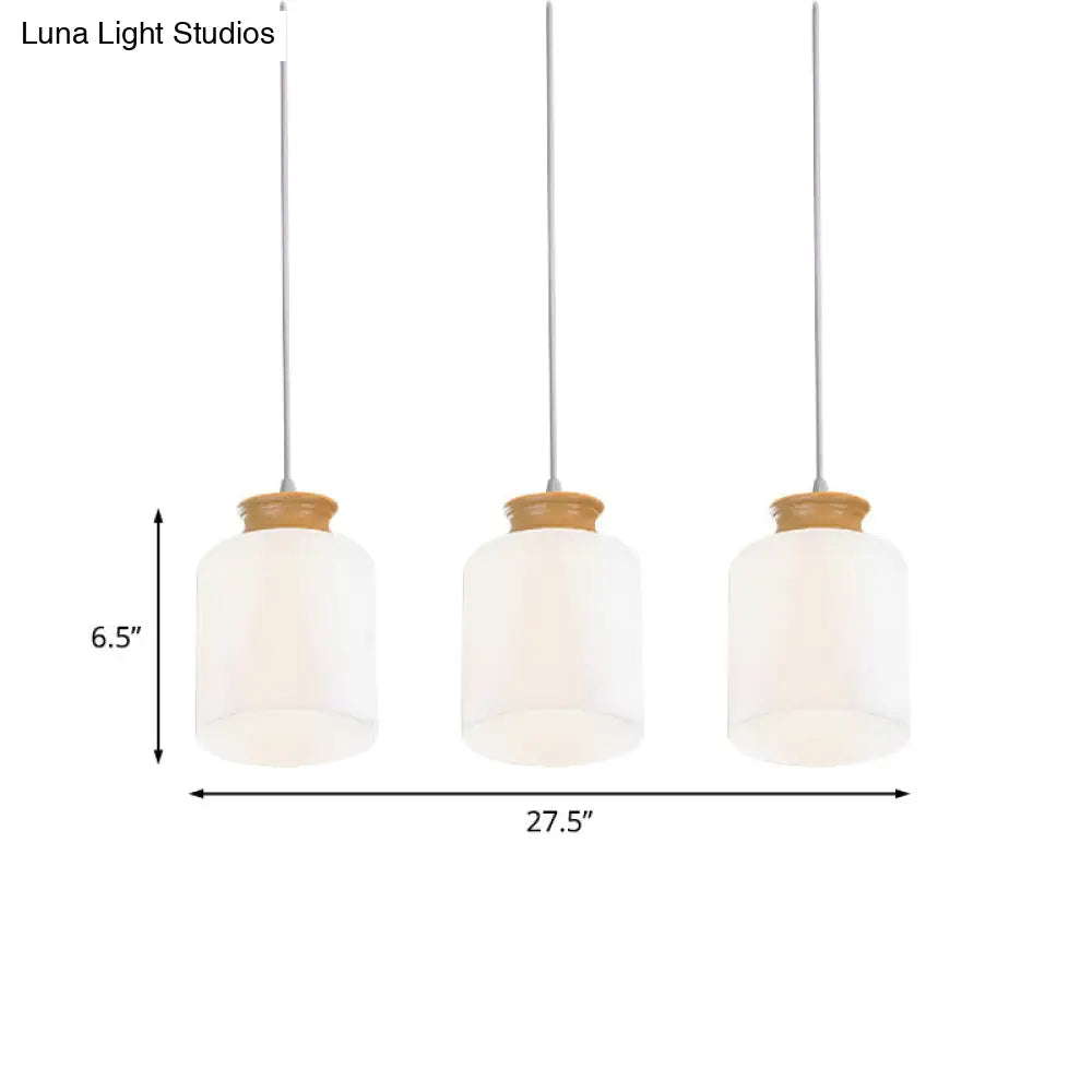 Modern White Glass Cylinder Chandelier With Wood Suspension Lamp - 3 Heads Round/Linear Canopy