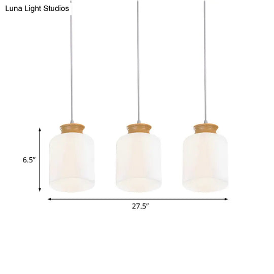 Modern White Glass Cylinder Chandelier With Wood Suspension Lamp - 3 Heads Round/Linear Canopy