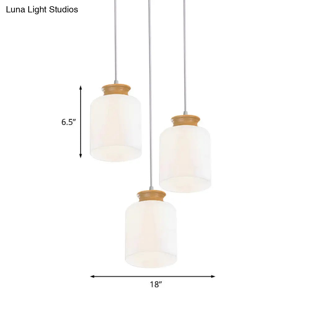 Modern White Glass Cylinder Chandelier With Wood Suspension Lamp - 3 Heads Round/Linear Canopy