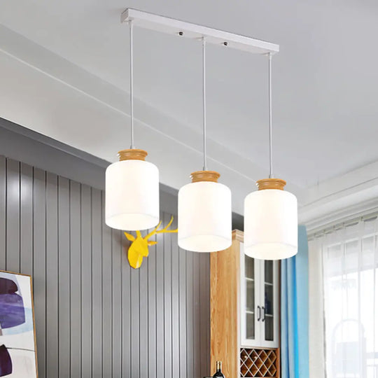 Modern White Glass Cylinder Chandelier With 3 Heads - Wood Suspension Lamp / Linear