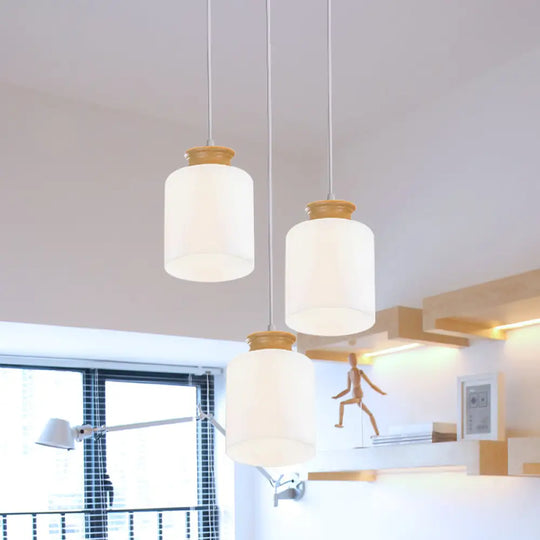 Modern White Glass Cylinder Chandelier With 3 Heads - Wood Suspension Lamp / Round