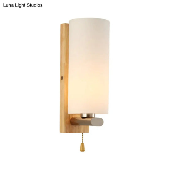 Modern White Glass Cylinder Sconce Light With Wood Backplate - Wall Mount Lighting (1 Bulb)