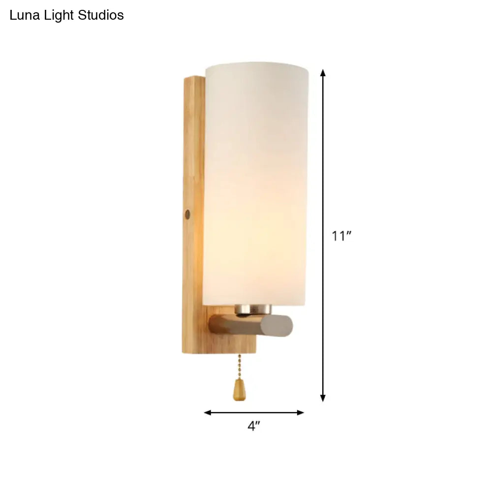 Modern White Glass Cylinder Sconce Light With Wood Backplate - Wall Mount Lighting (1 Bulb)