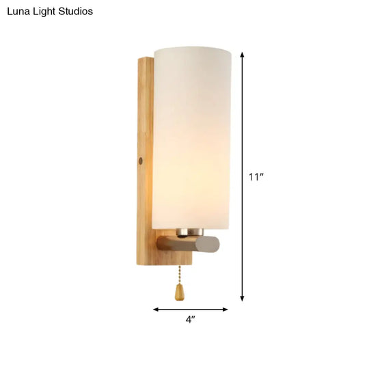 Modern White Glass Cylinder Sconce Light With Wood Backplate - Wall Mount Lighting (1 Bulb)