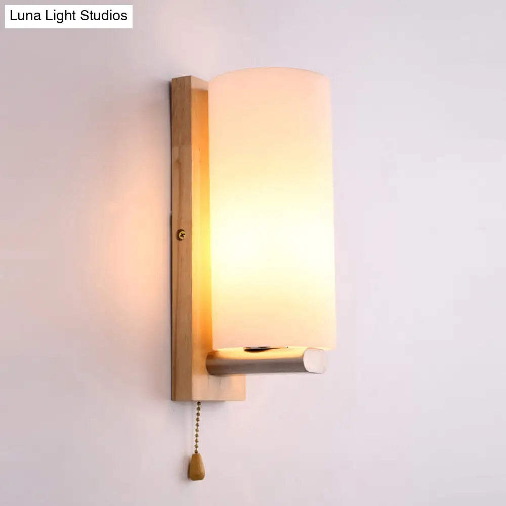 Modern White Glass Cylinder Sconce Light With Wood Backplate - Wall Mount Lighting (1 Bulb)