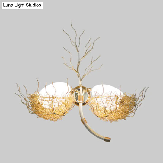 Modern White Glass Egg Sconce With Gold Nest Design - Wall Mounted Bedside Light 19.5/25.5 Wide