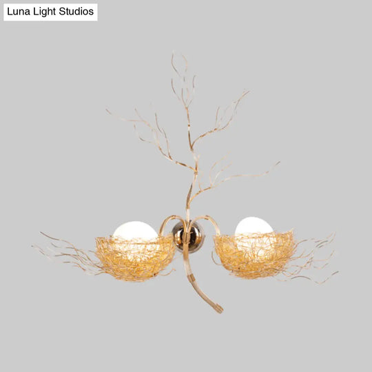 Modern White Glass Egg Sconce With Gold Nest Design - Wall Mounted Bedside Light 19.5/25.5 Wide