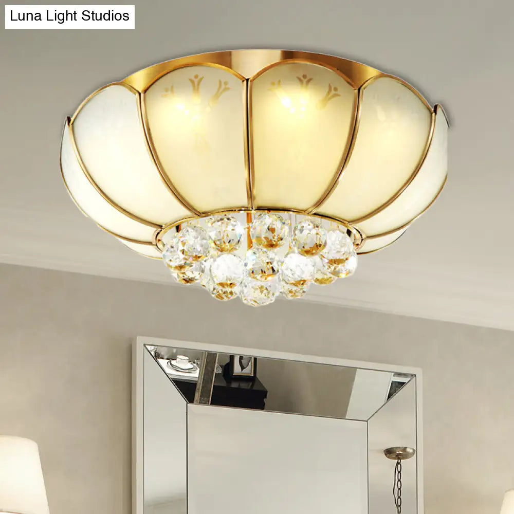Modern White Glass Flower Flush Mount Light With Crystal Ball Finial - Ideal For Living Room