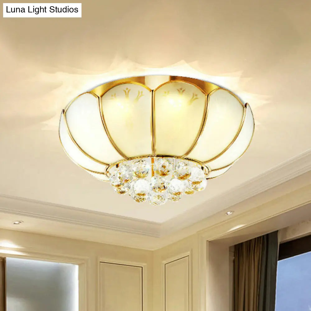 Modern White Glass Flower Flush Mount Light With Crystal Ball Finial - Ideal For Living Room Ceiling