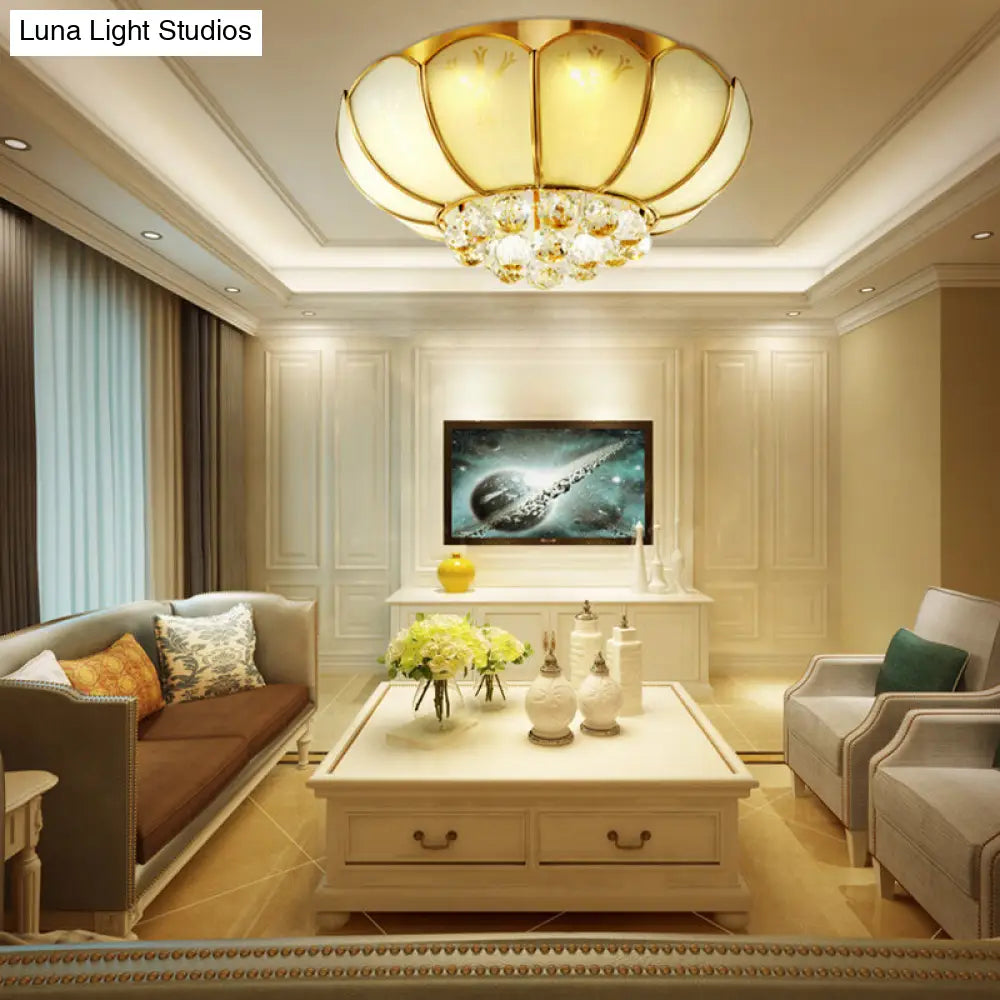 Modern White Glass Flower Flush Mount Light With Crystal Ball Finial - Ideal For Living Room Ceiling