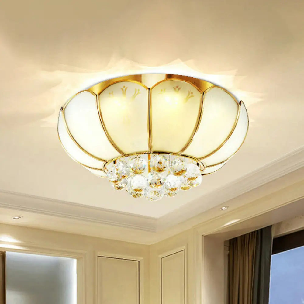 Modern White Glass Flower Flush Mount Light With Crystal Ball Finial - Ideal For Living Room