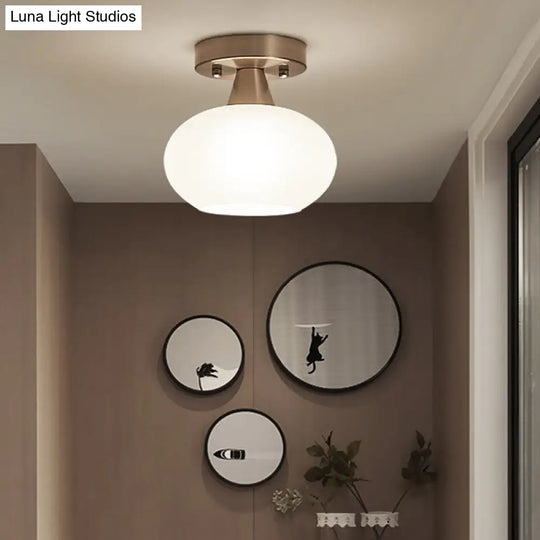 Modern White Glass Flush Mount Oval Lantern Ceiling Light For Bedroom