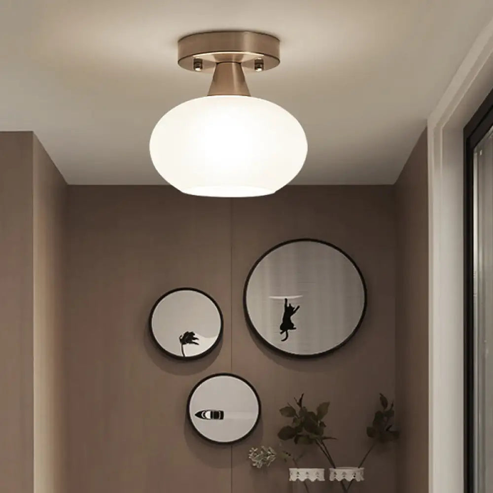 Modern White Glass Flush Mount Oval Lantern Ceiling Light For Bedroom