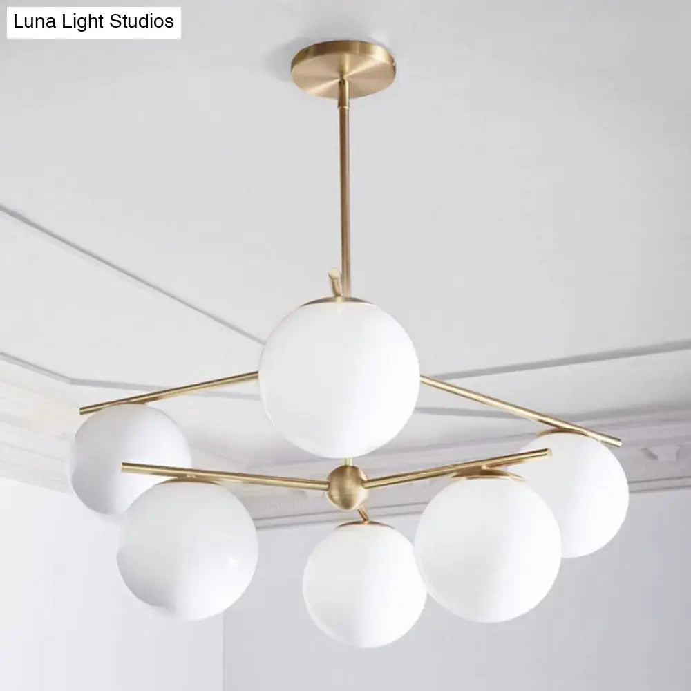 Minimalist 6-Light Gold Ceiling Chandelier With White Glass Globes For Living Room