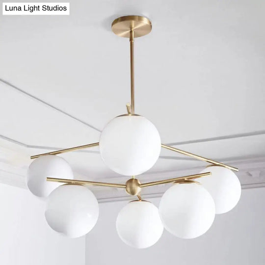 Minimalist 6-Light Gold Ceiling Chandelier With White Glass Globes For Living Room