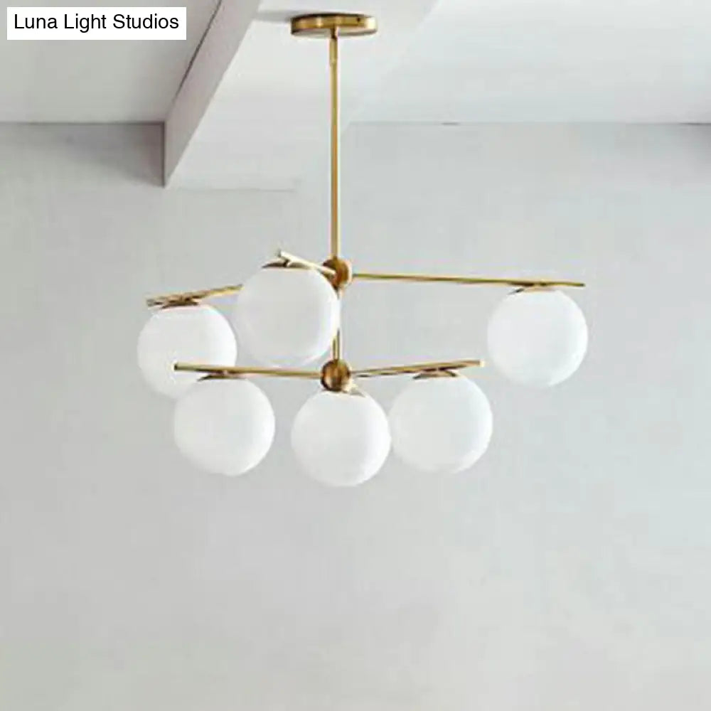 Minimalist 6-Light Gold Ceiling Chandelier With White Glass Globes For Living Room