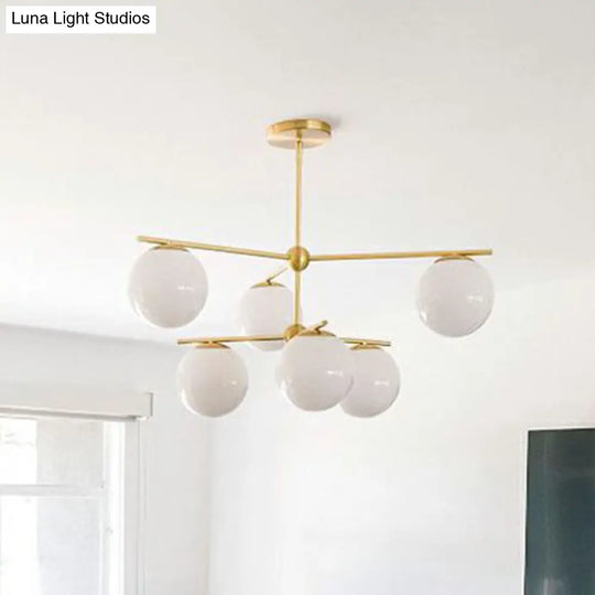 Minimalist 6-Light Gold Ceiling Chandelier With White Glass Globes For Living Room